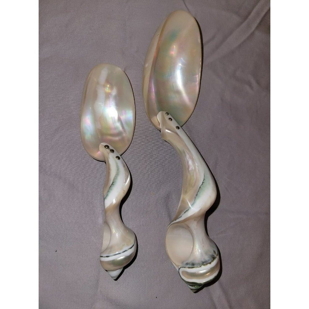 2 Large Vintage Natural Sea Shell Mother Of Pearl Caviar Spoons Deep Bowl Green